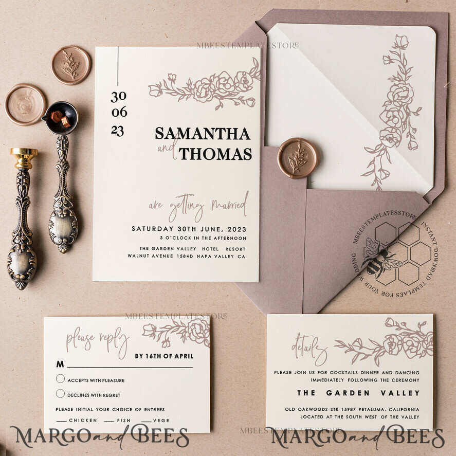 TEMPLETT wedding invitation download Minimalist wedding invitation template Instant download, Printable Invites For Home Printing, Beige wedding invitation Set template