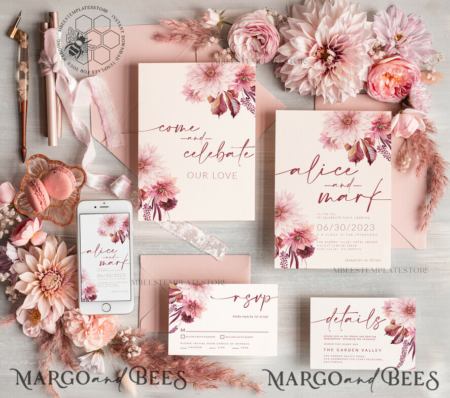 TEMPLETT wedding invitation download Boho Modern wedding Invitations Evite Set Template, Instant Download Printable Invites Home Printing Fall Heart Wedding Invitation Cards WB5, Boho Blush Pink Maroon Burgundy Wedding Invitation Template Instant Download, Fall Mauve Invitation Cards