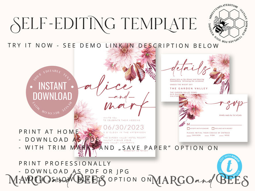 TEMPLETT wedding invitation download Boho Modern wedding Invitations Evite Set Template, Instant Download Printable Invites Home Printing Fall Heart Wedding Invitation Cards WB5, Boho Blush Pink Maroon Burgundy Wedding Invitation Template Instant Download, Fall Mauve Invitation Cards