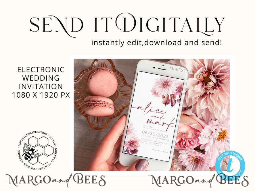 TEMPLETT wedding invitation download Boho Modern wedding Invitations Evite Set Template, Instant Download Printable Invites Home Printing Fall Heart Wedding Invitation Cards WB5, Boho Blush Pink Maroon Burgundy Wedding Invitation Template Instant Download, Fall Mauve Invitation Cards