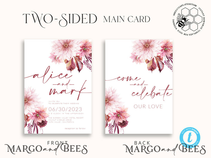 TEMPLETT wedding invitation download Boho Modern wedding Invitations Evite Set Template, Instant Download Printable Invites Home Printing Fall Heart Wedding Invitation Cards WB5, Boho Blush Pink Maroon Burgundy Wedding Invitation Template Instant Download, Fall Mauve Invitation Cards