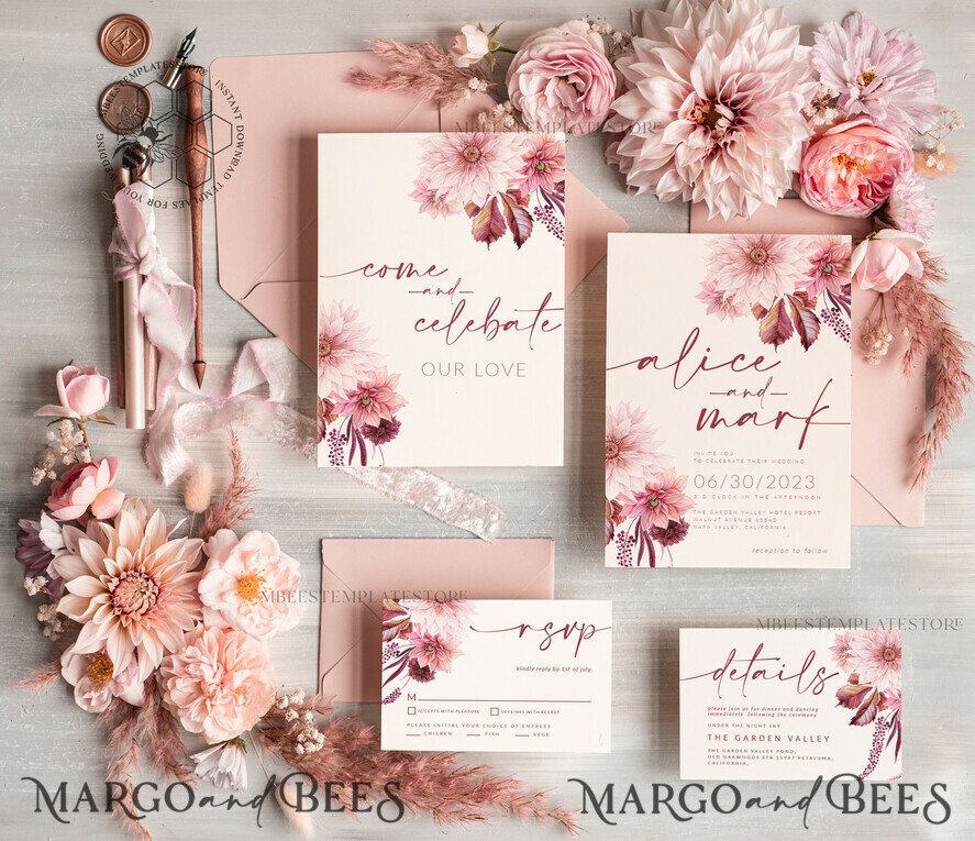TEMPLETT wedding invitation download Boho Modern wedding Invitations Evite Set Template, Instant Download Printable Invites Home Printing Fall Heart Wedding Invitation Cards WB5, Boho Blush Pink Maroon Burgundy Wedding Invitation Template Instant Download, Fall Mauve Invitation Cards