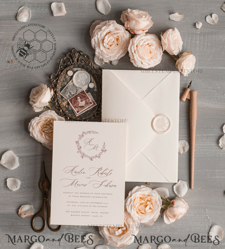 TEMPLETT wedding invitation download Elegant wedding Invitation Template, Simple Instant Download Printable Invites Home Printing, Boho Modern Wedding Invitation Card Set
