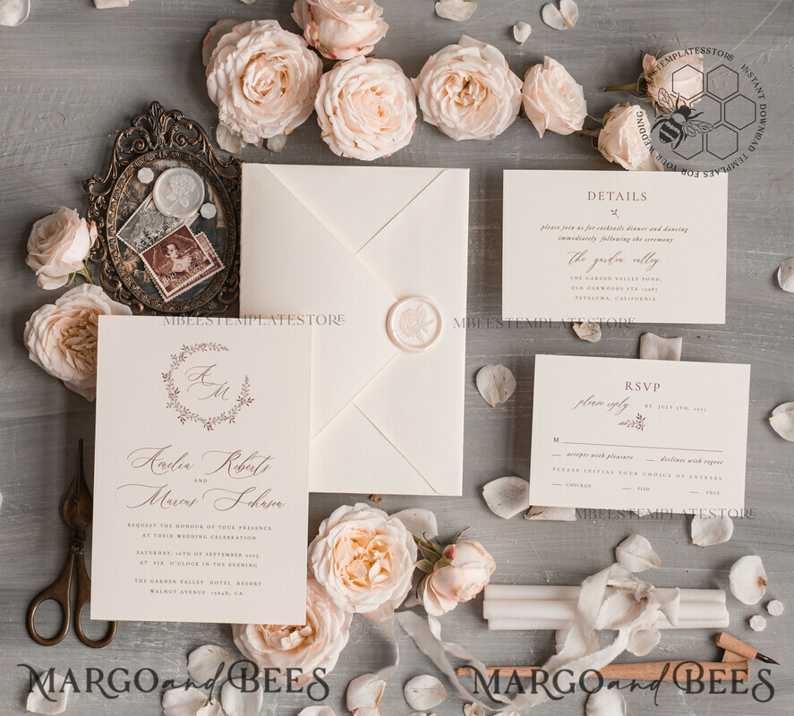 TEMPLETT wedding invitation download Elegant wedding Invitation Template, Simple Instant Download Printable Invites Home Printing, Boho Modern Wedding Invitation Card Set