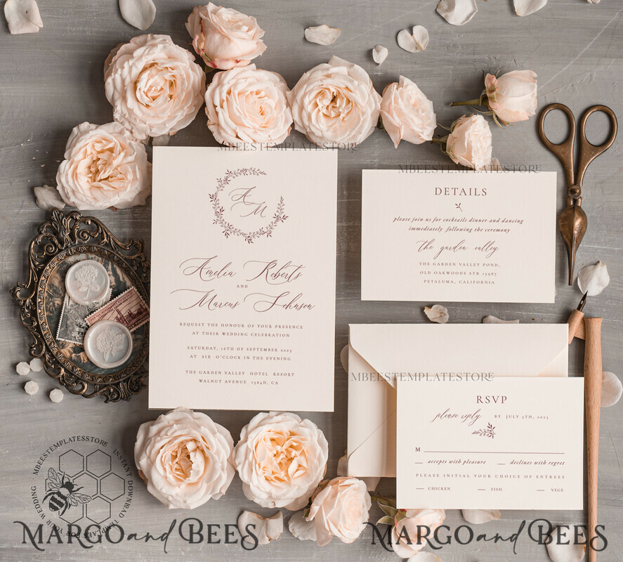 TEMPLETT wedding invitation download Elegant wedding Invitation Template, Simple Instant Download Printable Invites Home Printing, Boho Modern Wedding Invitation Card Set