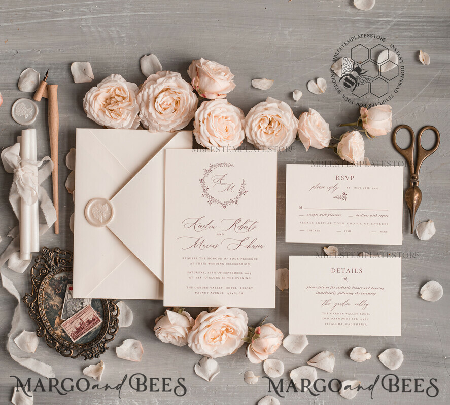 TEMPLETT wedding invitation download Elegant wedding Invitation Template, Simple Instant Download Printable Invites Home Printing, Boho Modern Wedding Invitation Card Set