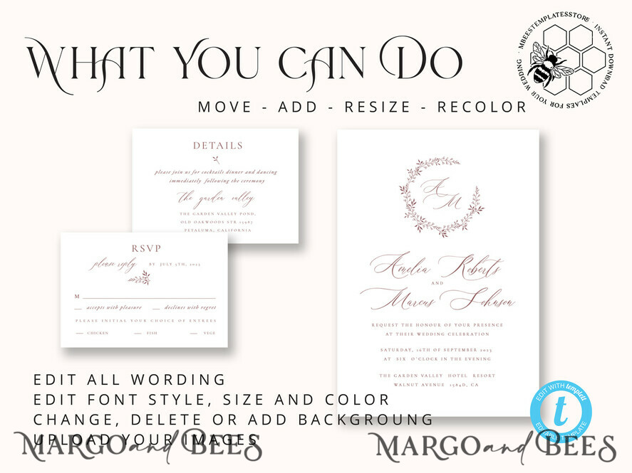 TEMPLETT wedding invitation download Elegant wedding Invitation Template, Simple Instant Download Printable Invites Home Printing, Boho Modern Wedding Invitation Card Set
