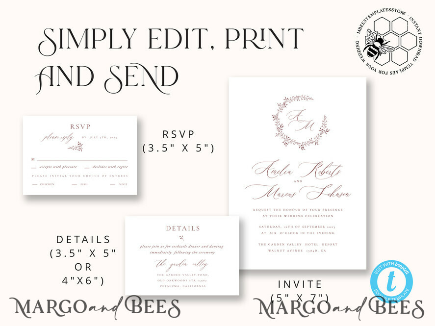 TEMPLETT wedding invitation download Elegant wedding Invitation Template, Simple Instant Download Printable Invites Home Printing, Boho Modern Wedding Invitation Card Set