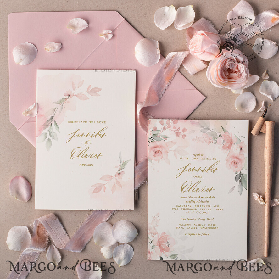 TEMPLETT wedding invitation download Elegant Blush wedding Invitation Template, Instant Download Printable Invites Home Printing, Pink Boho Wedding Invitation Card Set Template