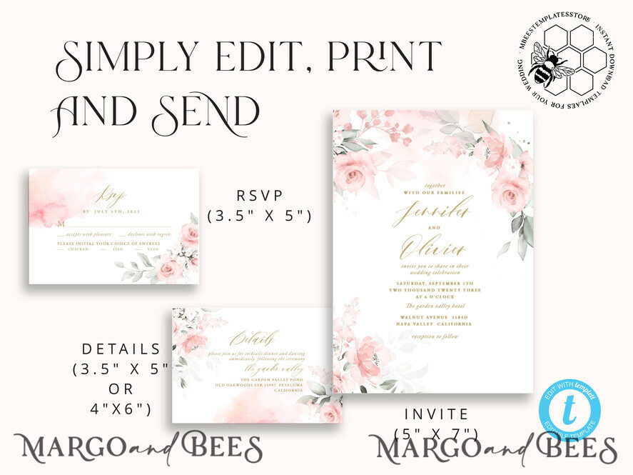 TEMPLETT wedding invitation download Elegant Blush wedding Invitation Template, Instant Download Printable Invites Home Printing, Pink Boho Wedding Invitation Card Set Template