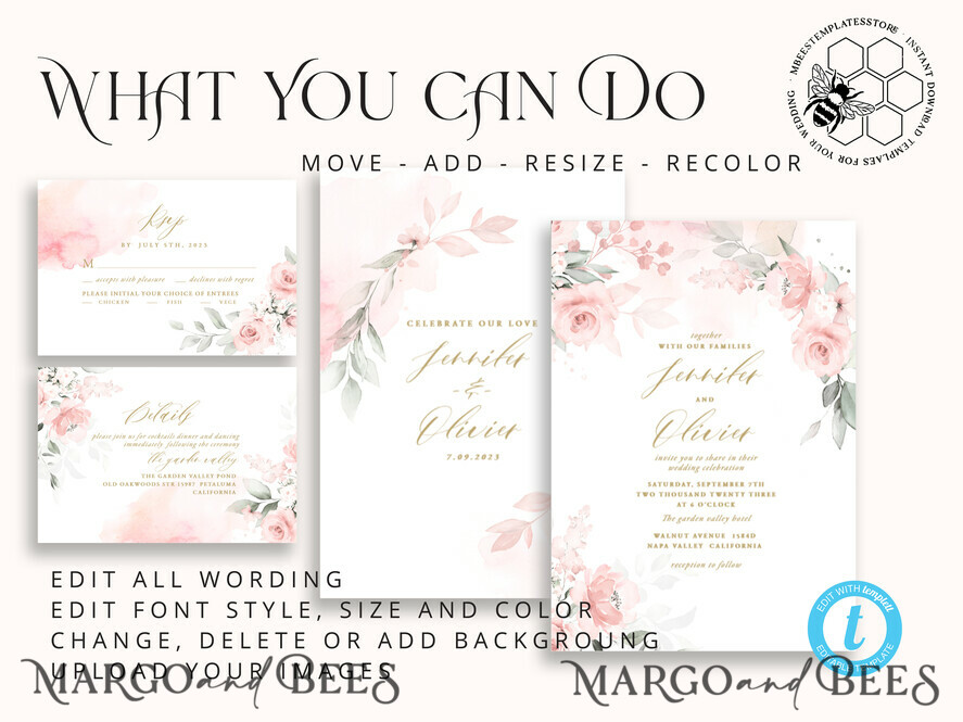 TEMPLETT wedding invitation download Elegant Blush wedding Invitation Template, Instant Download Printable Invites Home Printing, Pink Boho Wedding Invitation Card Set Template