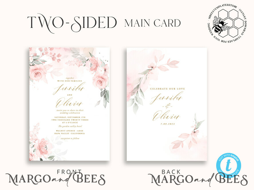 TEMPLETT wedding invitation download Elegant Blush wedding Invitation Template, Instant Download Printable Invites Home Printing, Pink Boho Wedding Invitation Card Set Template