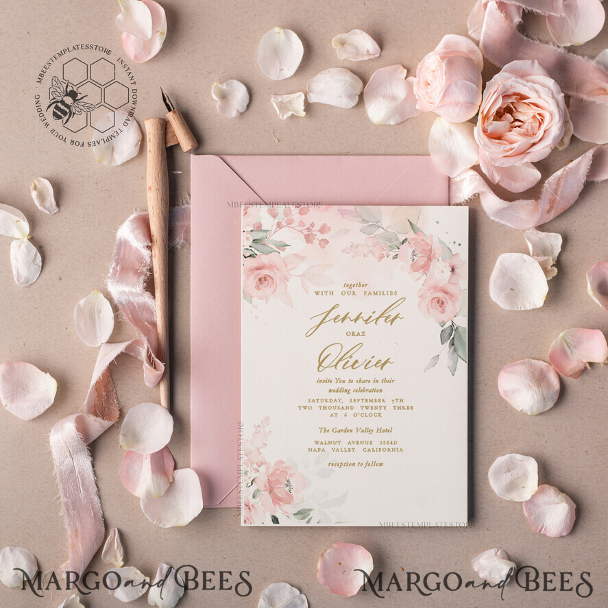 TEMPLETT wedding invitation download Elegant Blush wedding Invitation Template, Instant Download Printable Invites Home Printing, Pink Boho Wedding Invitation Card Set Template