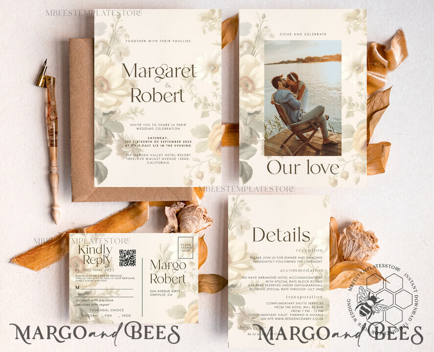 TEMPLETT wedding invitation download Romantic Vintage Flowers wedding Invitations Set Template, Instant Download Printable Invites Home Printing, Simple Cards