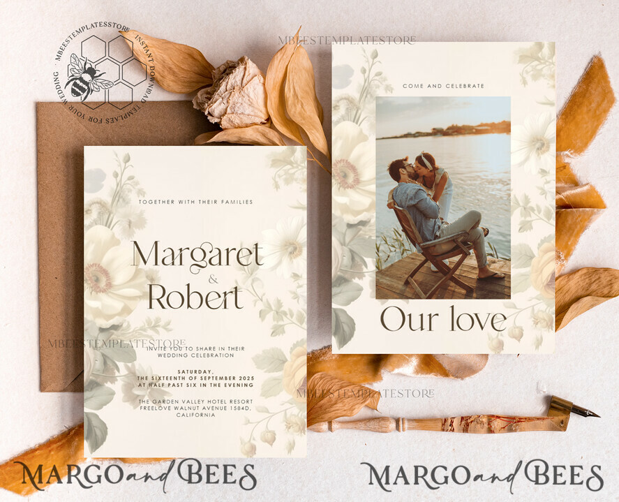 TEMPLETT wedding invitation download Romantic Vintage Flowers wedding Invitations Set Template, Instant Download Printable Invites Home Printing, Simple Cards