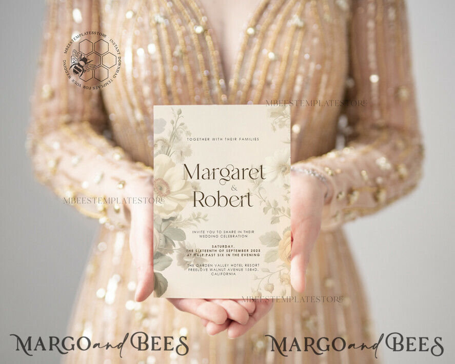 TEMPLETT wedding invitation download Romantic Vintage Flowers wedding Invitations Set Template, Instant Download Printable Invites Home Printing, Simple Cards
