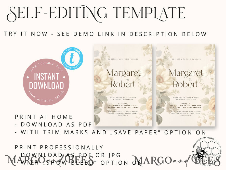 TEMPLETT wedding invitation download Romantic Vintage Flowers wedding Invitations Set Template, Instant Download Printable Invites Home Printing, Simple Cards