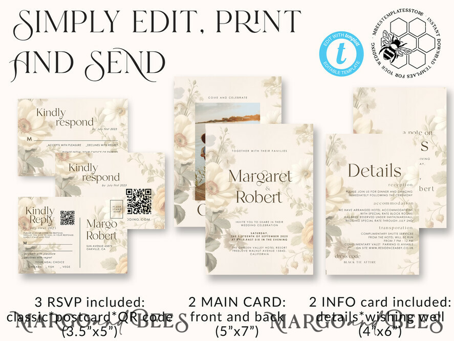 TEMPLETT wedding invitation download Romantic Vintage Flowers wedding Invitations Set Template, Instant Download Printable Invites Home Printing, Simple Cards