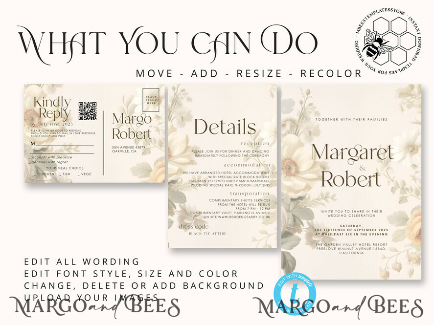 TEMPLETT wedding invitation download Romantic Vintage Flowers wedding Invitations Set Template, Instant Download Printable Invites Home Printing, Simple Cards