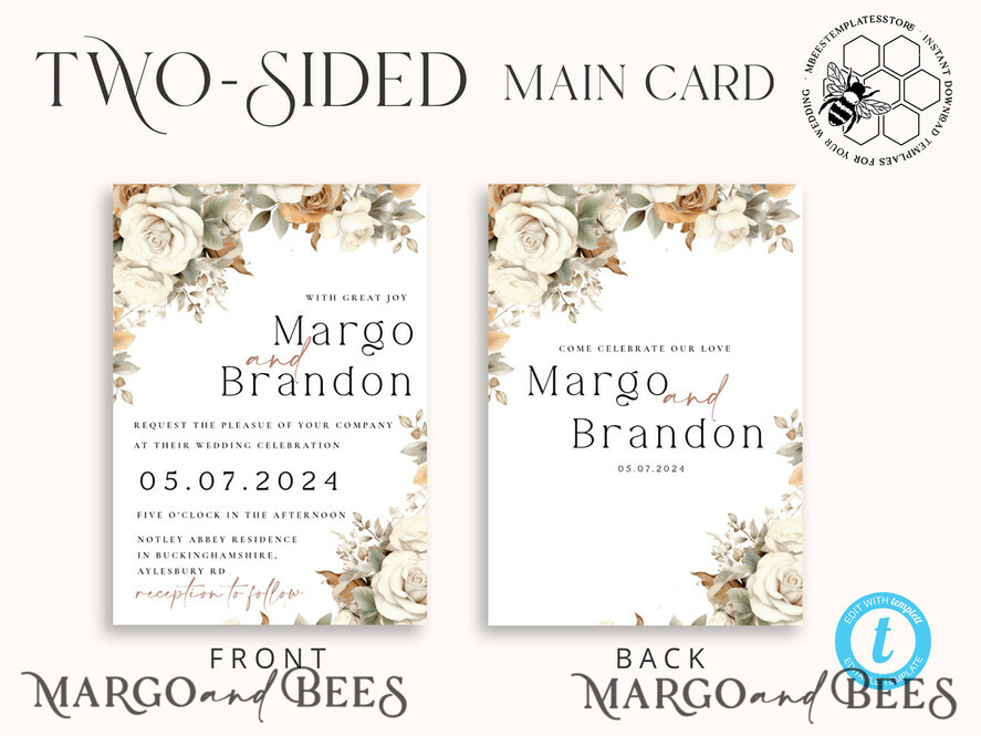 TEMPLETT wedding invitation download Boho Fall Flowers wedding Invitations Set Template, Instant Download Printable Invites Home Printing, Simple Cards