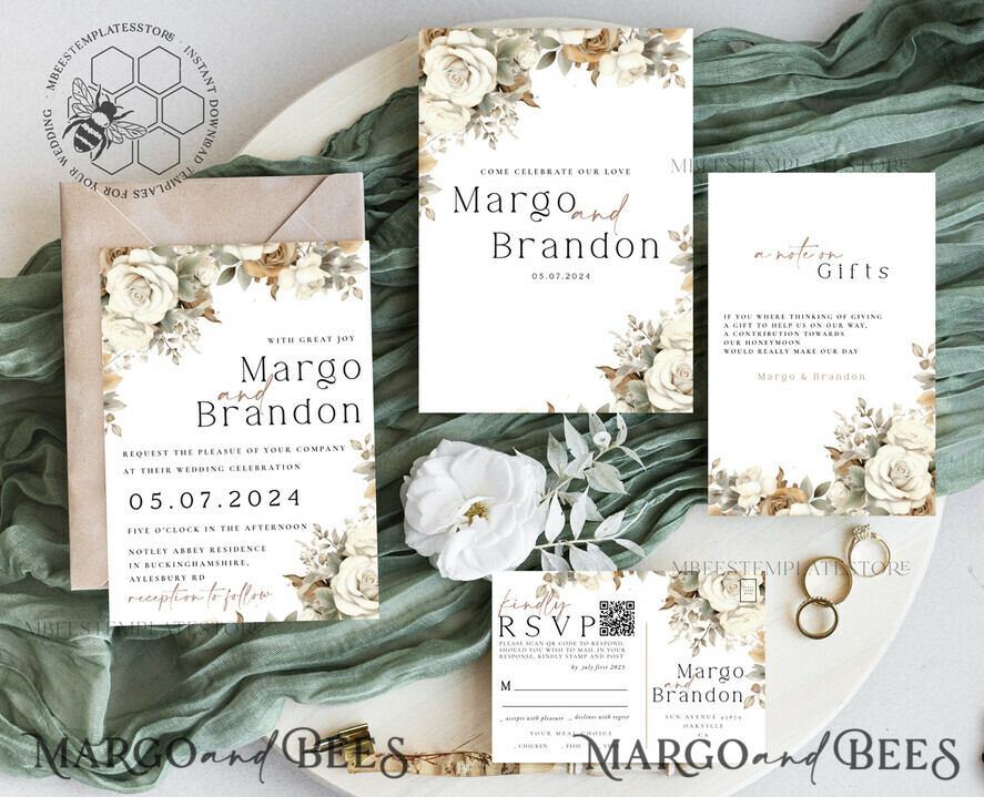 TEMPLETT wedding invitation download Boho Fall Flowers wedding Invitations Set Template, Instant Download Printable Invites Home Printing, Simple Cards