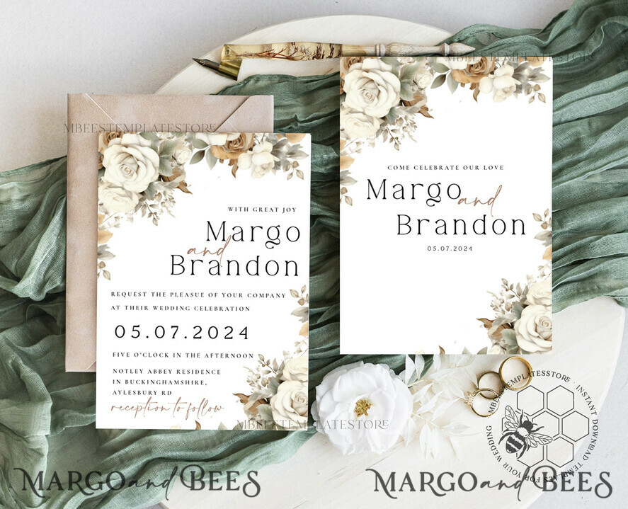 TEMPLETT wedding invitation download Boho Fall Flowers wedding Invitations Set Template, Instant Download Printable Invites Home Printing, Simple Cards