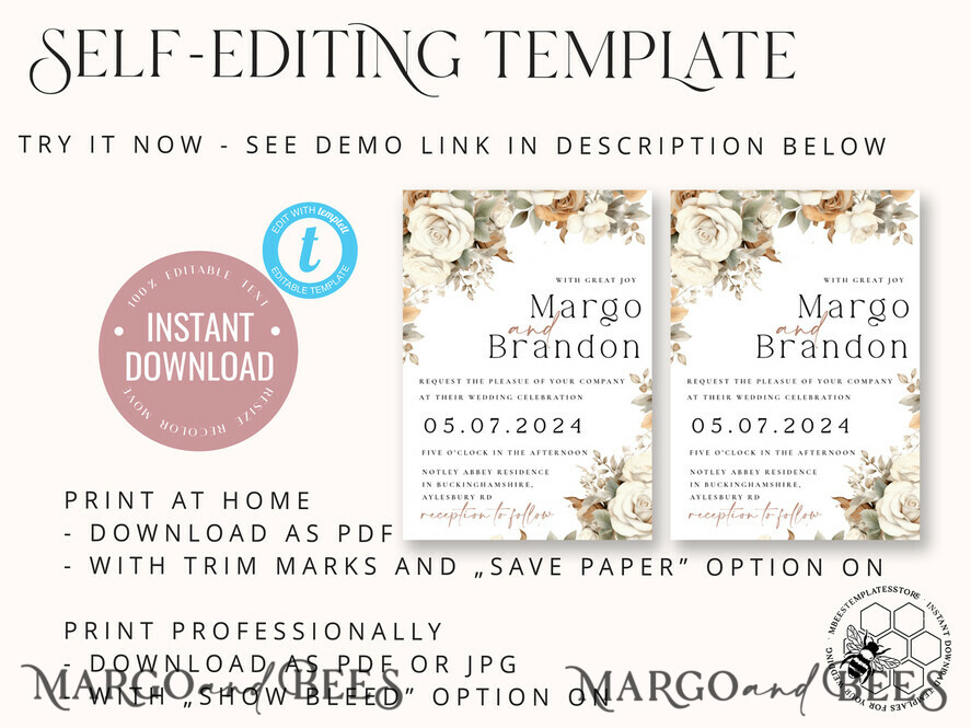 TEMPLETT wedding invitation download Boho Fall Flowers wedding Invitations Set Template, Instant Download Printable Invites Home Printing, Simple Cards