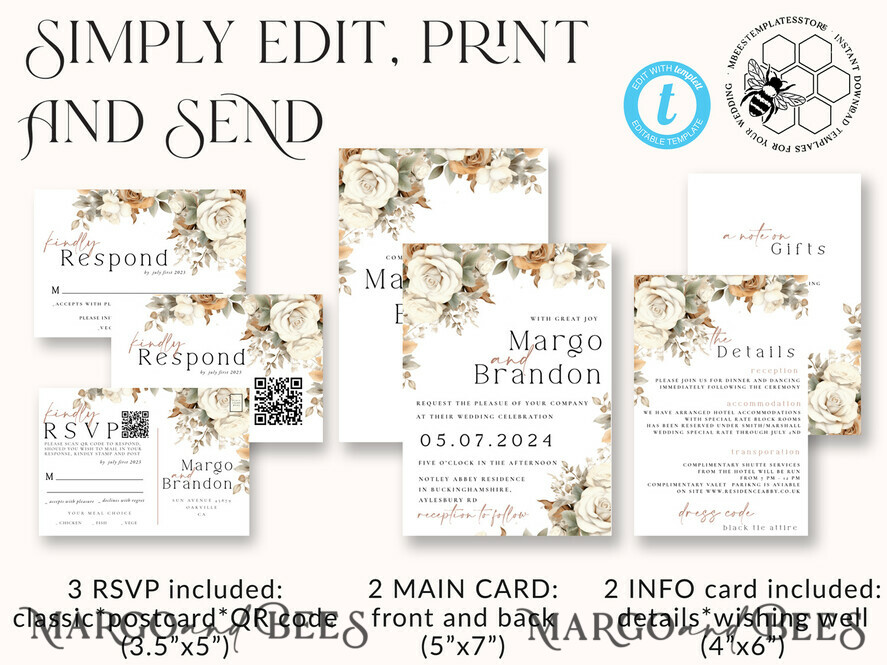 TEMPLETT wedding invitation download Boho Fall Flowers wedding Invitations Set Template, Instant Download Printable Invites Home Printing, Simple Cards