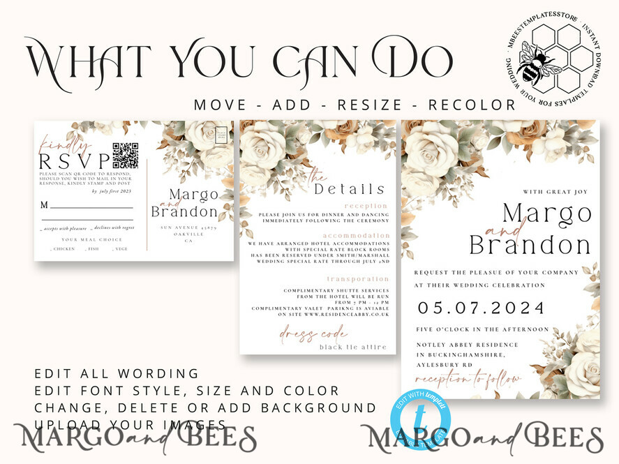 TEMPLETT wedding invitation download Boho Fall Flowers wedding Invitations Set Template, Instant Download Printable Invites Home Printing, Simple Cards