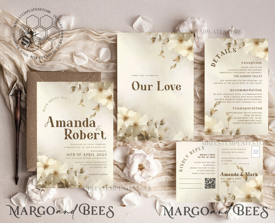 TEMPLETT wedding invitation download Boho Simple Vintage Flowers wedding Invitations Set Template, Instant Download Printable Invites Home Printing, Simple Wedding Cards