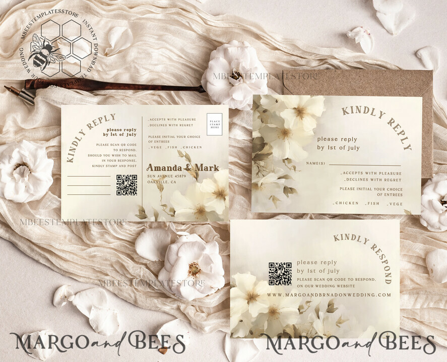 TEMPLETT wedding invitation download Boho Simple Vintage Flowers wedding Invitations Set Template, Instant Download Printable Invites Home Printing, Simple Wedding Cards