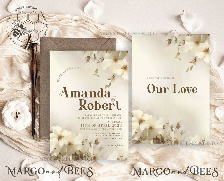 TEMPLETT wedding invitation download Boho Simple Vintage Flowers wedding Invitations Set Template, Instant Download Printable Invites Home Printing, Simple Wedding Cards