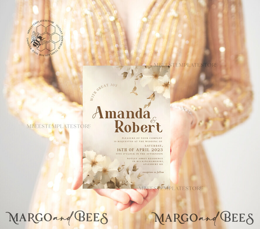 TEMPLETT wedding invitation download Boho Simple Vintage Flowers wedding Invitations Set Template, Instant Download Printable Invites Home Printing, Simple Wedding Cards