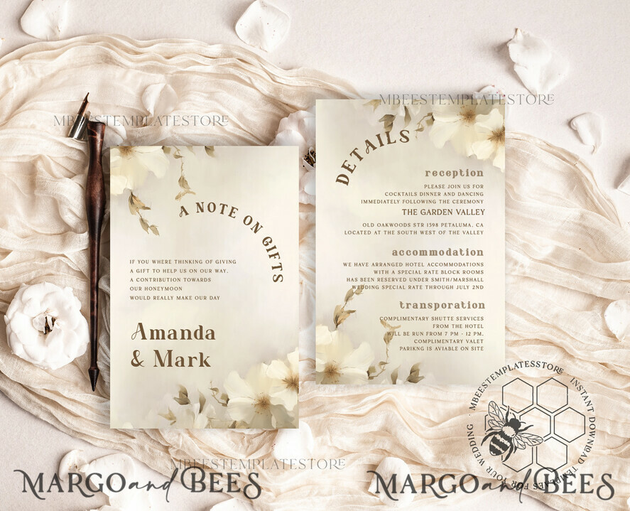 TEMPLETT wedding invitation download Boho Simple Vintage Flowers wedding Invitations Set Template, Instant Download Printable Invites Home Printing, Simple Wedding Cards
