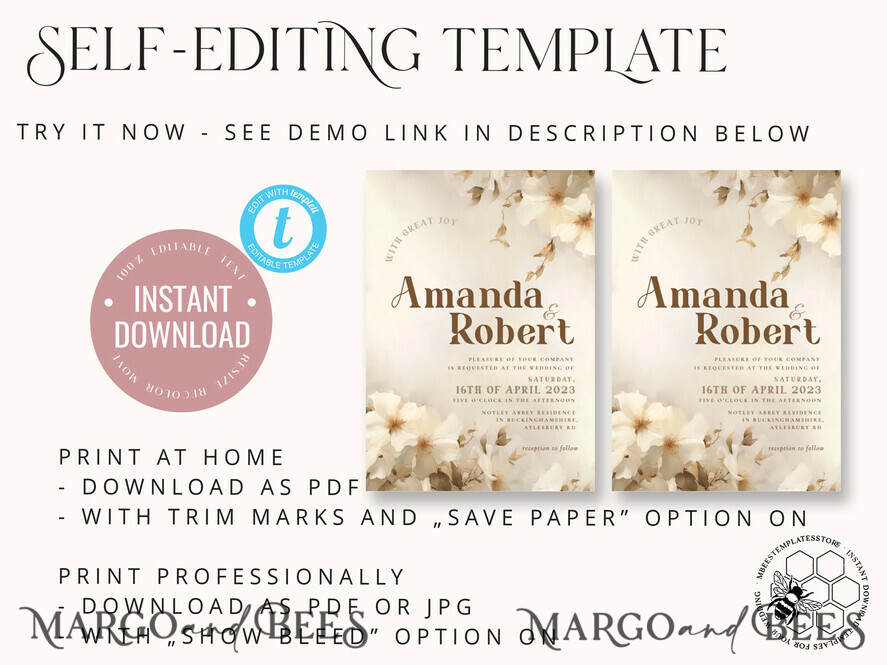 TEMPLETT wedding invitation download Boho Simple Vintage Flowers wedding Invitations Set Template, Instant Download Printable Invites Home Printing, Simple Wedding Cards
