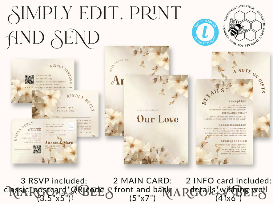 TEMPLETT wedding invitation download Boho Simple Vintage Flowers wedding Invitations Set Template, Instant Download Printable Invites Home Printing, Simple Wedding Cards