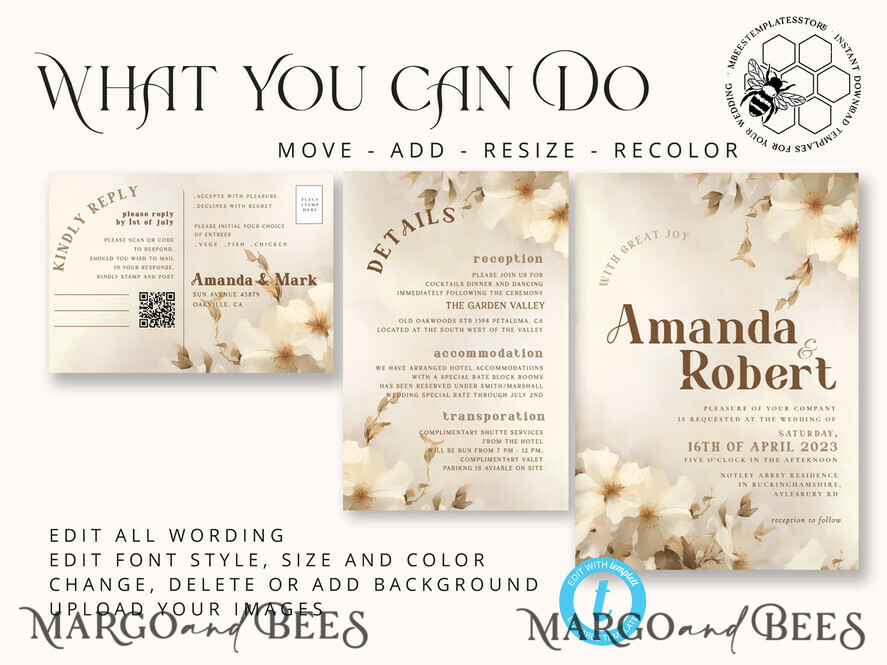 TEMPLETT wedding invitation download Boho Simple Vintage Flowers wedding Invitations Set Template, Instant Download Printable Invites Home Printing, Simple Wedding Cards