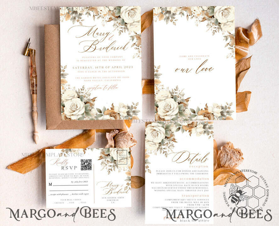 TEMPLETT wedding invitation download Boho Fall Flowers wedding Invitations Set Template, Instant Download Printable Invites Home Printing, Simple Cards beige