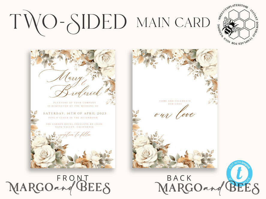 TEMPLETT wedding invitation download Boho Fall Flowers wedding Invitations Set Template, Instant Download Printable Invites Home Printing, Simple Cards beige