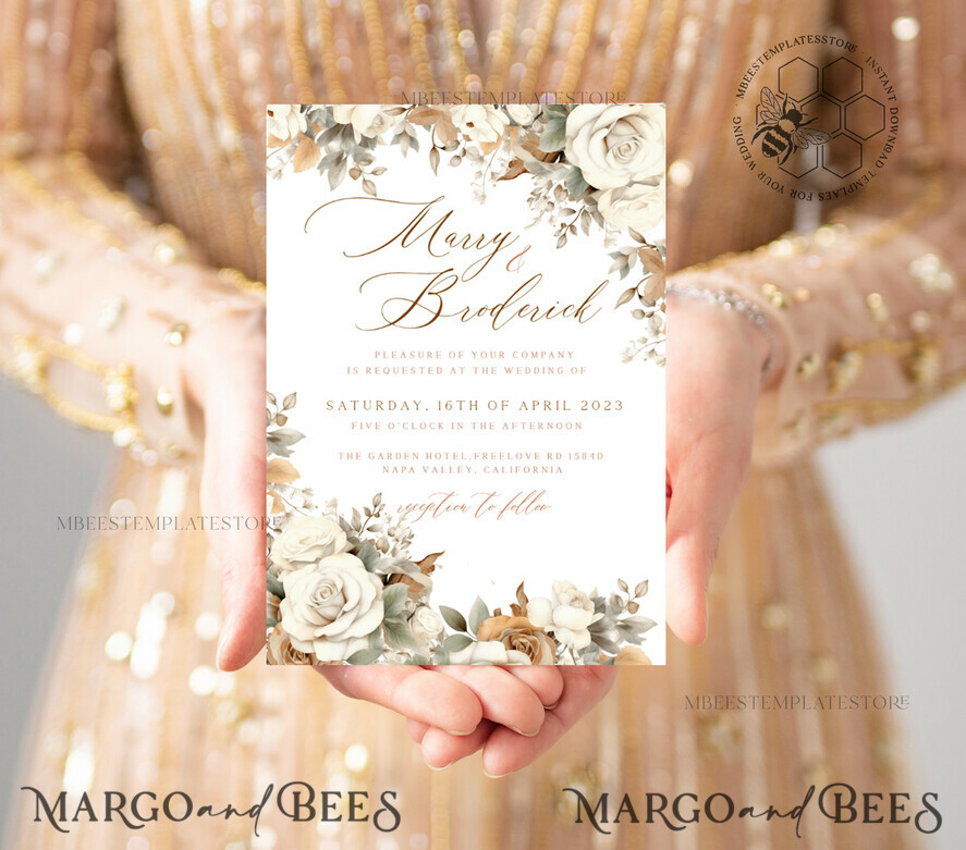 TEMPLETT wedding invitation download Boho Fall Flowers wedding Invitations Set Template, Instant Download Printable Invites Home Printing, Simple Cards beige