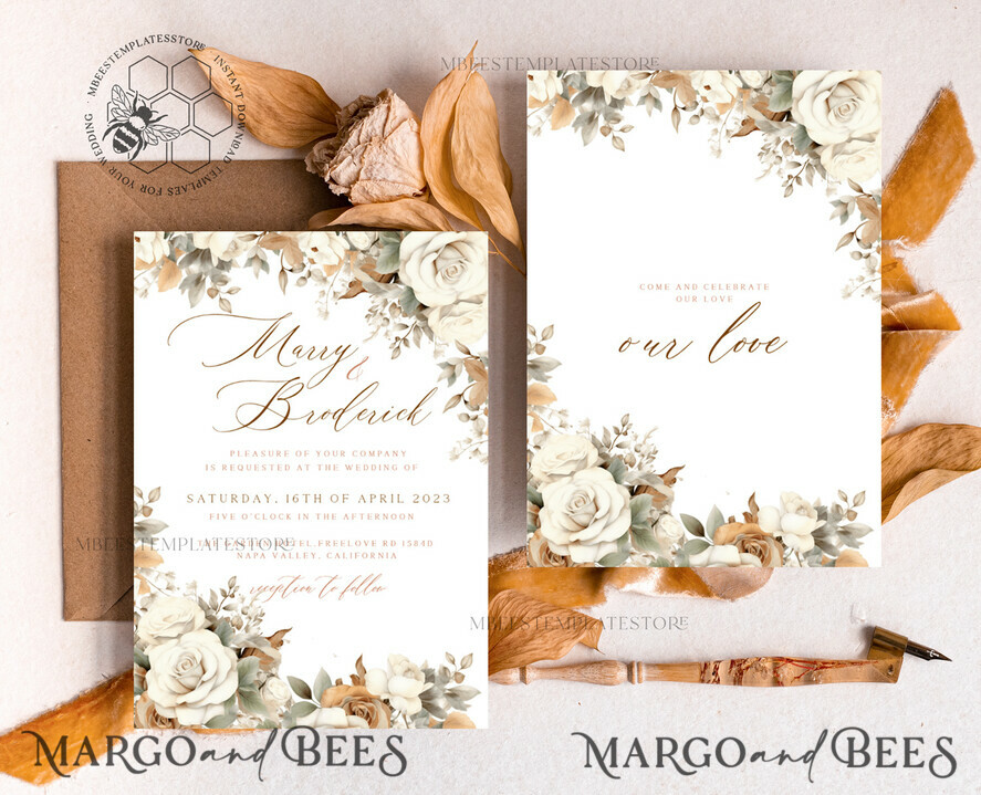 TEMPLETT wedding invitation download Boho Fall Flowers wedding Invitations Set Template, Instant Download Printable Invites Home Printing, Simple Cards beige