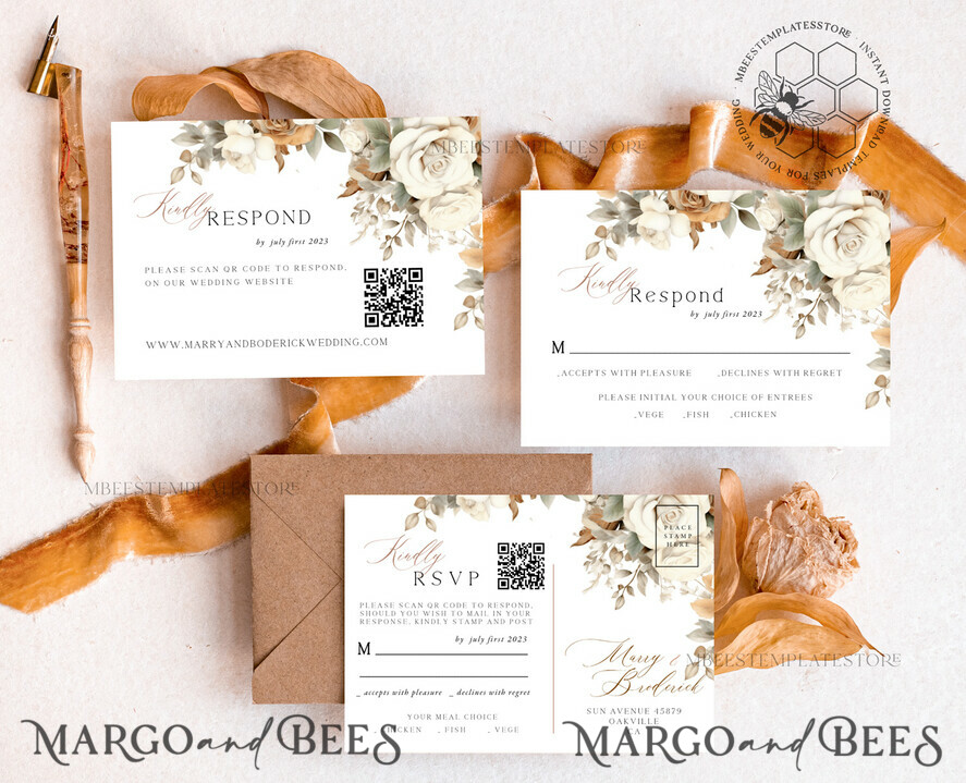 TEMPLETT wedding invitation download Boho Fall Flowers wedding Invitations Set Template, Instant Download Printable Invites Home Printing, Simple Cards beige
