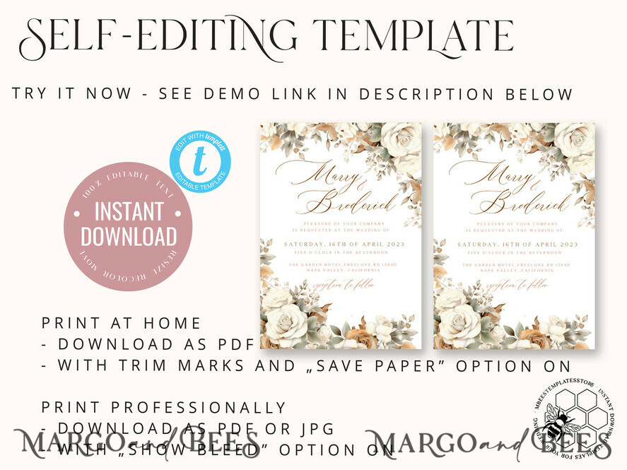 TEMPLETT wedding invitation download Boho Fall Flowers wedding Invitations Set Template, Instant Download Printable Invites Home Printing, Simple Cards beige