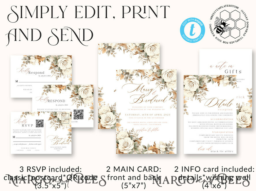 TEMPLETT wedding invitation download Boho Fall Flowers wedding Invitations Set Template, Instant Download Printable Invites Home Printing, Simple Cards beige