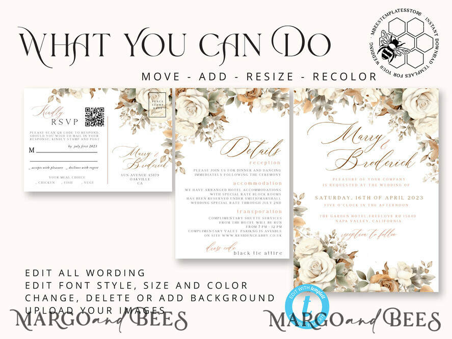 TEMPLETT wedding invitation download Boho Fall Flowers wedding Invitations Set Template, Instant Download Printable Invites Home Printing, Simple Cards beige