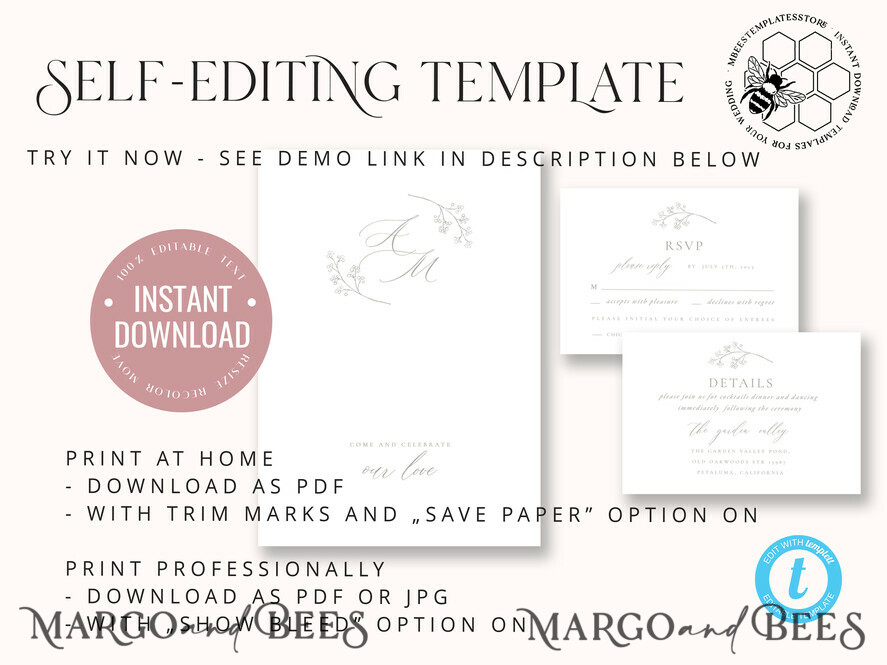 TEMPLETT wedding invitation download Elegant wedding Invitation Template, Simple Instant Download Printable Invites Home Printing, Boho Baby Breath Wedding Invitation Card Set