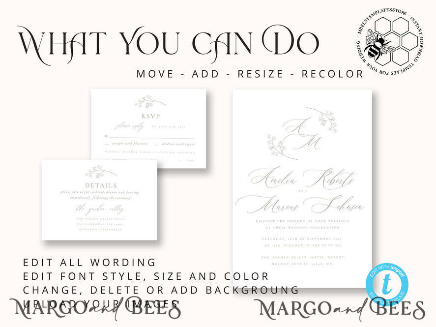 TEMPLETT wedding invitation download Elegant wedding Invitation Template, Simple Instant Download Printable Invites Home Printing, Boho Baby Breath Wedding Invitation Card Set