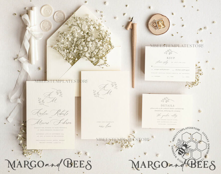 TEMPLETT wedding invitation download Elegant wedding Invitation Template, Simple Instant Download Printable Invites Home Printing, Boho Baby Breath Wedding Invitation Card Set