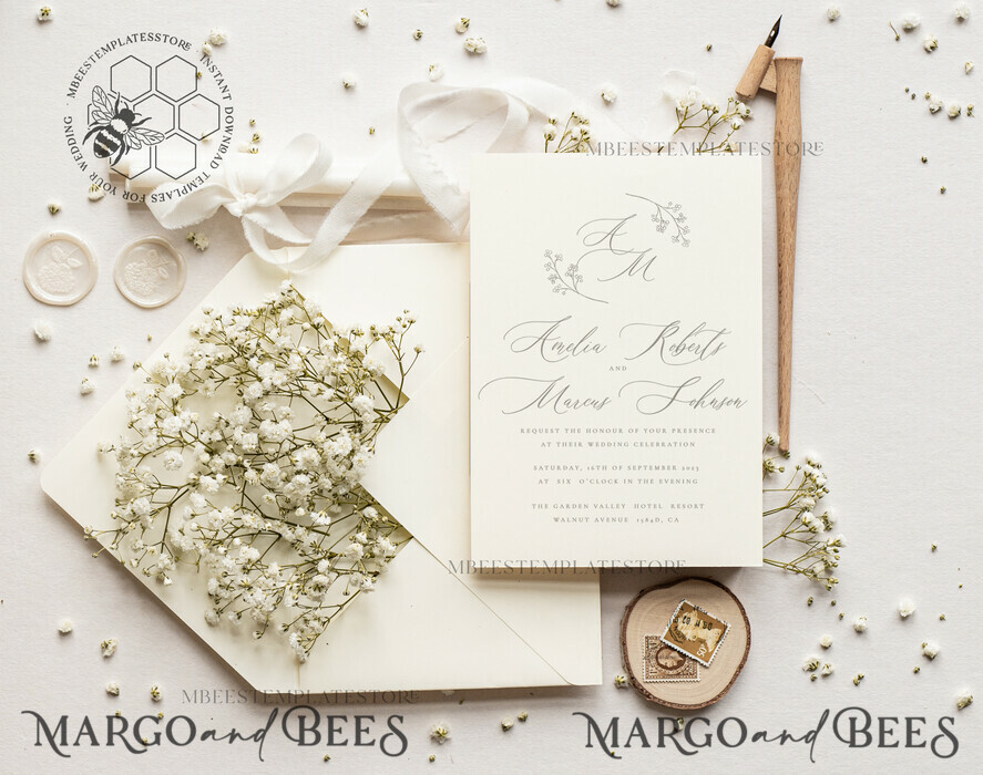 TEMPLETT wedding invitation download Elegant wedding Invitation Template, Simple Instant Download Printable Invites Home Printing, Boho Baby Breath Wedding Invitation Card Set