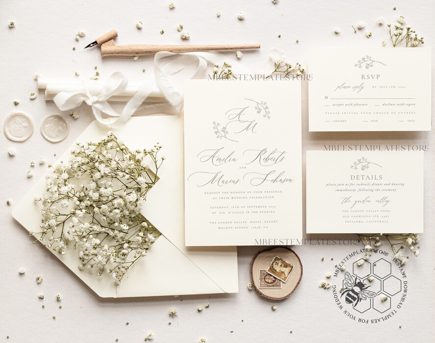 TEMPLETT wedding invitation download Elegant wedding Invitation Template, Simple Instant Download Printable Invites Home Printing, Boho Baby Breath Wedding Invitation Card Set
